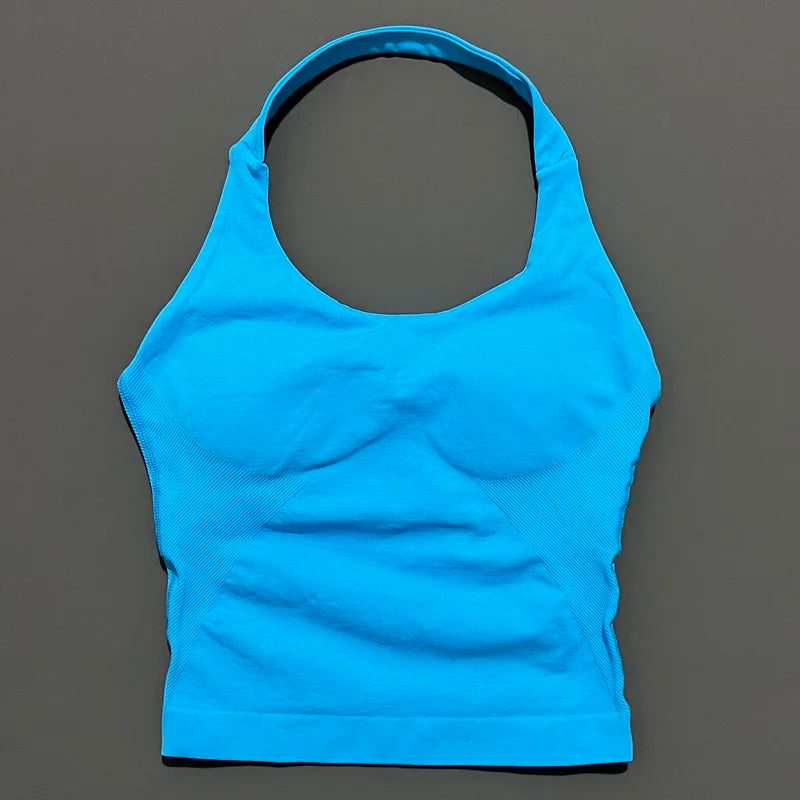 No Logo Women Halter Top Longline Strappy Tank Padded Yoga Clothing Fitness Running Activewear Gym Workout Tops - Daisan Mart