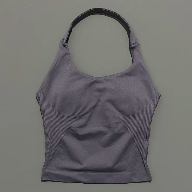 No Logo Women Halter Top Longline Strappy Tank Padded Yoga Clothing Fitness Running Activewear Gym Workout Tops - Daisan Mart