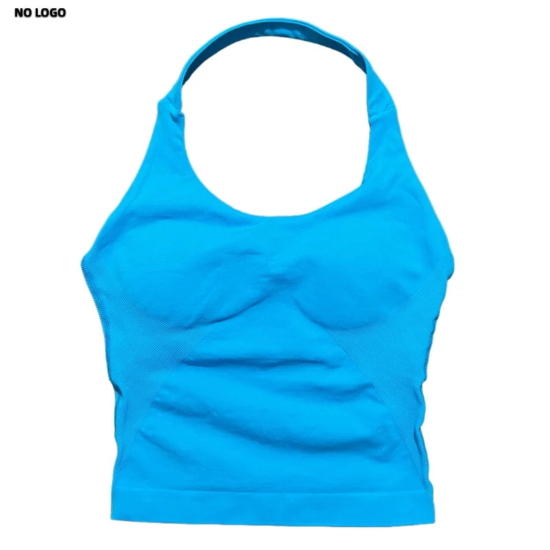 No Logo Women Halter Top Longline Strappy Tank Padded Yoga Clothing Fitness Running Activewear Gym Workout Tops - Daisan Mart