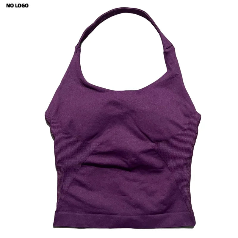 No Logo Women Halter Top Longline Strappy Tank Padded Yoga Clothing Fitness Running Activewear Gym Workout Tops - Daisan Mart
