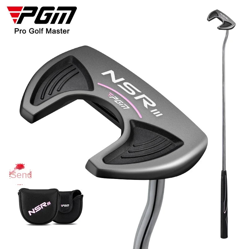Gậy golf màu đen chữ NSR III, có bao gậy đi kèm, thiết kế hiện đại, chữ màu trắng và hồng.