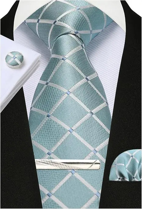 男士條紋真絲領帶，帶領夾和領針