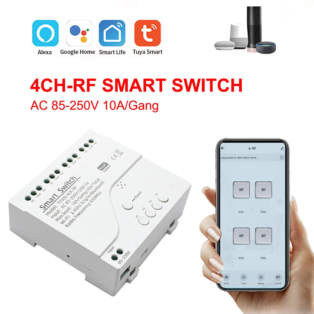 Công tắc thông minh WIFI RF 4CH Tuya 220V 10A 433MHz - Daisan Mart