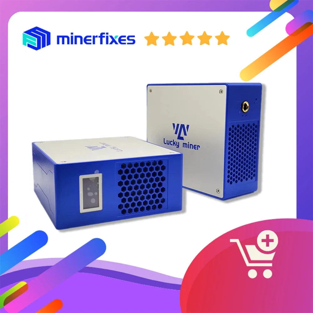 Hai thiết bị Lucky Miner màu xanh và trắng, nền viền tím, biểu tượng giỏ hàng góc dưới.