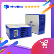 Hai thiết bị Lucky Miner màu xanh và trắng, nền viền tím, biểu tượng giỏ hàng góc dưới.