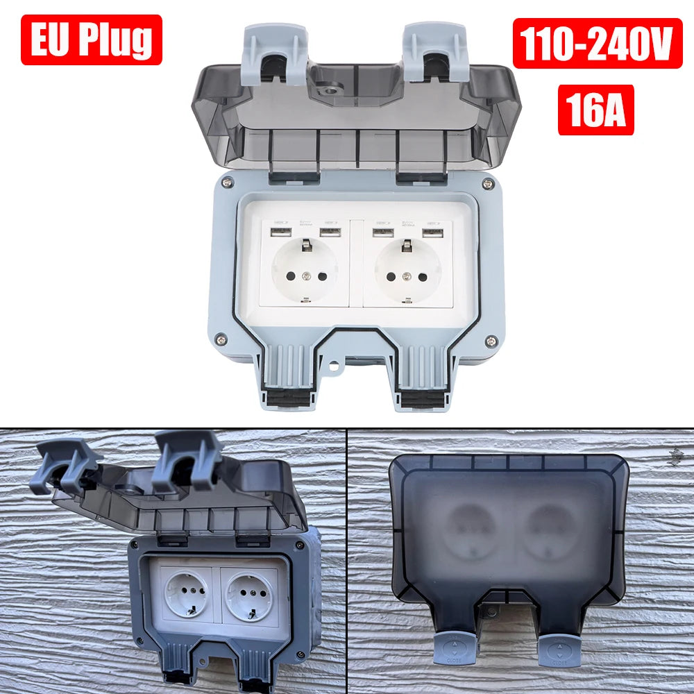 Ổ Cắm Đôi Ngoài Trời IP66 Có USB, Công Tắc 16A Chống Nước - Daisan Mart