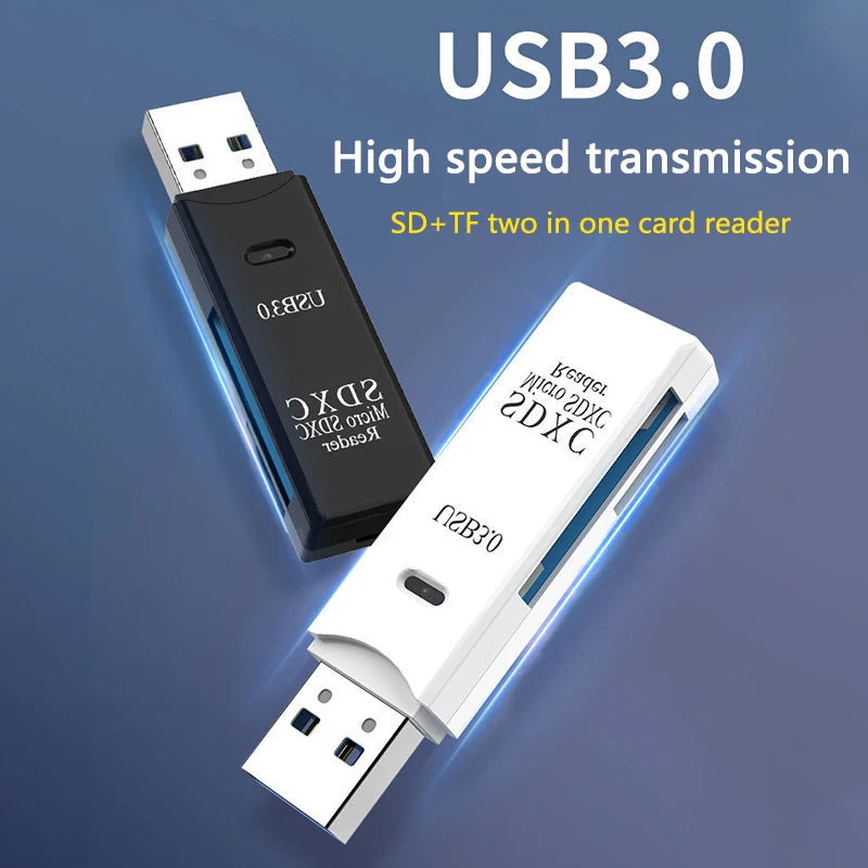 Hai đầu đọc thẻ USB3.0, một đen một trắng, trên nền xanh, chữ nổi bật.