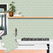 Tường bếp với gạch men xanh nhạt, chậu cây và sách trên kệ gỗ, bếp ga hiện đại.