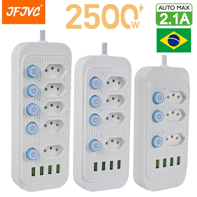 Ba ổ cắm điện màu trắng, nút xanh, có cổng USB, chữ công suất 2500W màu vàng.