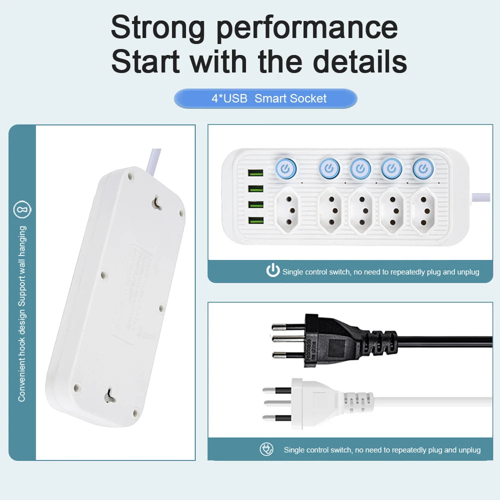 Ổ Cắm Điện Brazil 4 Cổng USB Dây 2M và Bộ Lọc Mạng