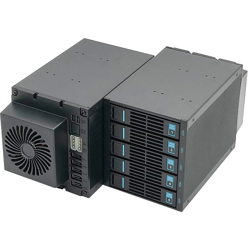 5盤位熱插拔硬碟籠模組，3.5吋SATA SSD HDD機架式機櫃資料存儲，可安裝三個5.25吋光碟機位