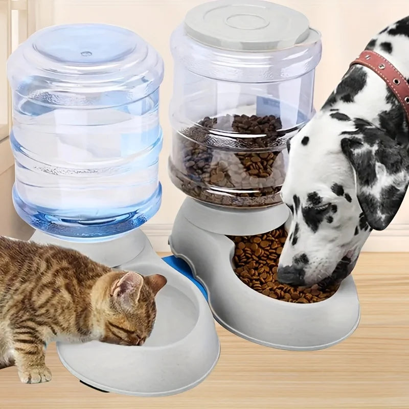 Chó đốm ăn thức ăn khô và mèo vằn uống nước từ các bình đựng trong suốt trên sàn gỗ.