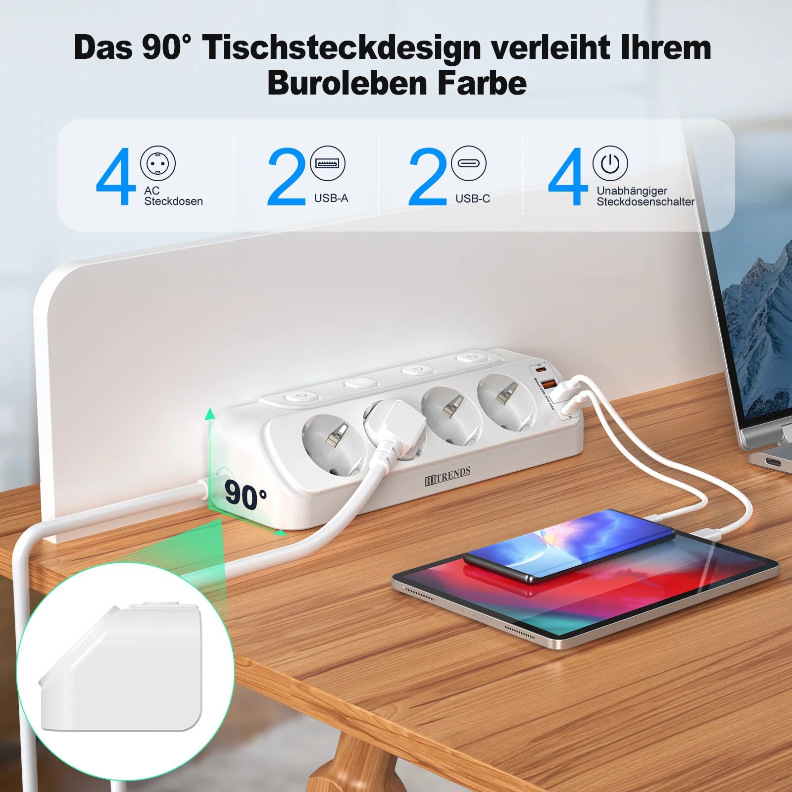 Ổ Điện Để Bàn 8 Trong 1 - USB C 20W, 4 Ổ Góc, 4 USB - Daisan Mart