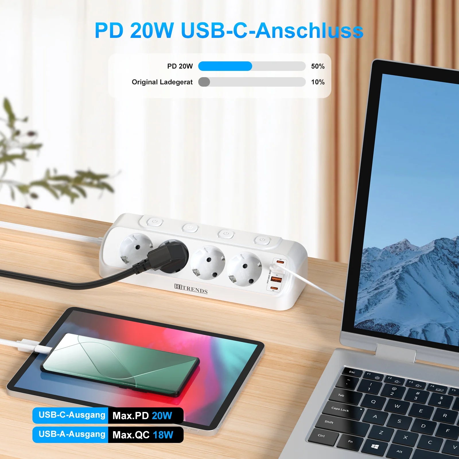 Ổ Điện Để Bàn 8 Trong 1 - USB C 20W, 4 Ổ Góc, 4 USB - Daisan Mart