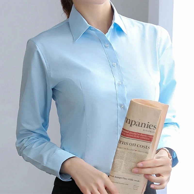 Elegant Women Shirts Woman White Shirt Long Sleeve Blouse Office Lady business Pink Shirts Button Solid Women work Blouses Tops - Daisan Mart