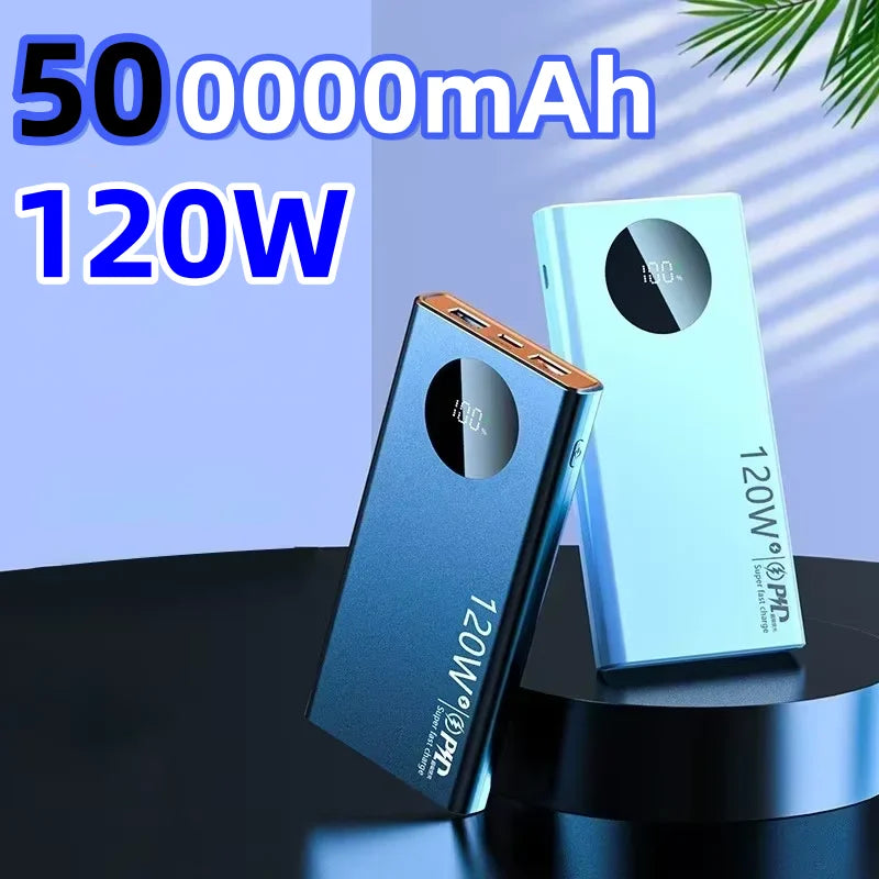 Hai pin sạc dự phòng màu xanh, công suất 120W, dung lượng 50,000mAh, nền xanh nhạt.