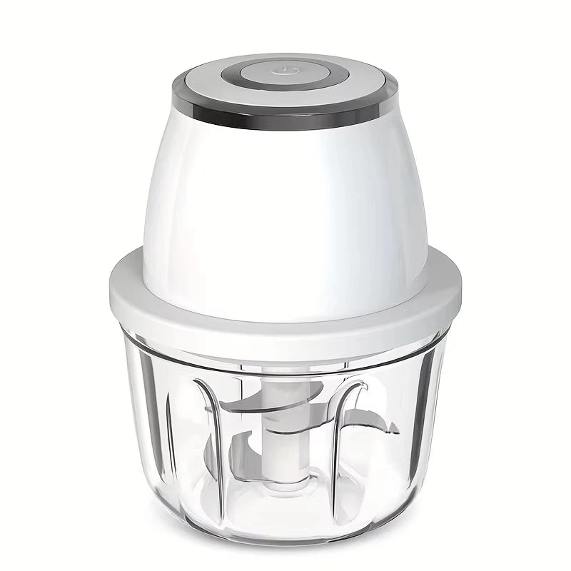 Máy xay thực phẩm màu trắng, nắp trên kim loại, cối thủy tinh trong suốt với lưỡi dao kim loại.