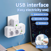 Bộ sạc tường với hai ổ cắm tròn, cổng USB, và đèn LED xanh, cắm gần laptop trên bàn.