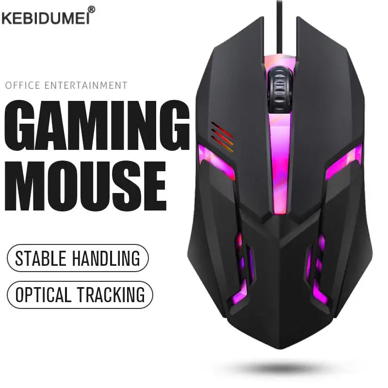 Chuột chơi game màu đen, đèn LED hồng tím, thiết kế góc cạnh, chữ "Gaming Mouse".