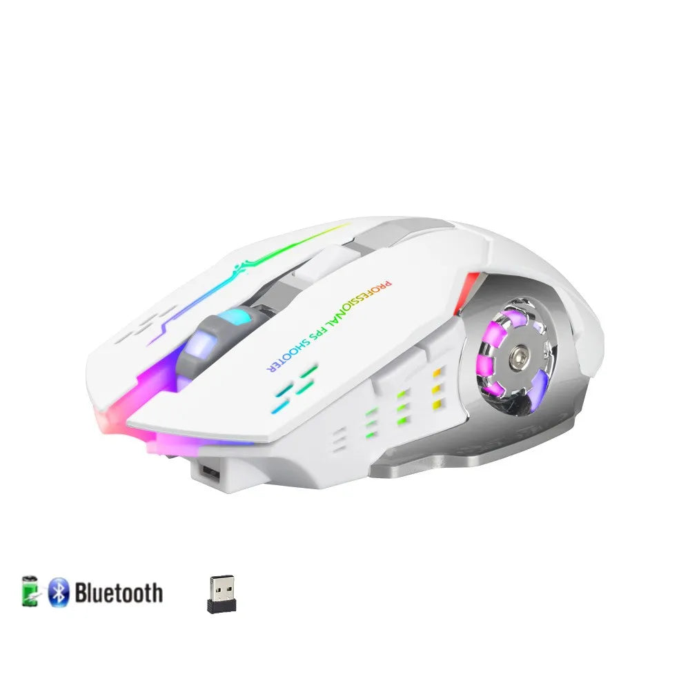 Chuột không dây màu trắng, đèn LED RGB, nút cuộn và chi tiết màu bạc, kèm đầu thu USB.