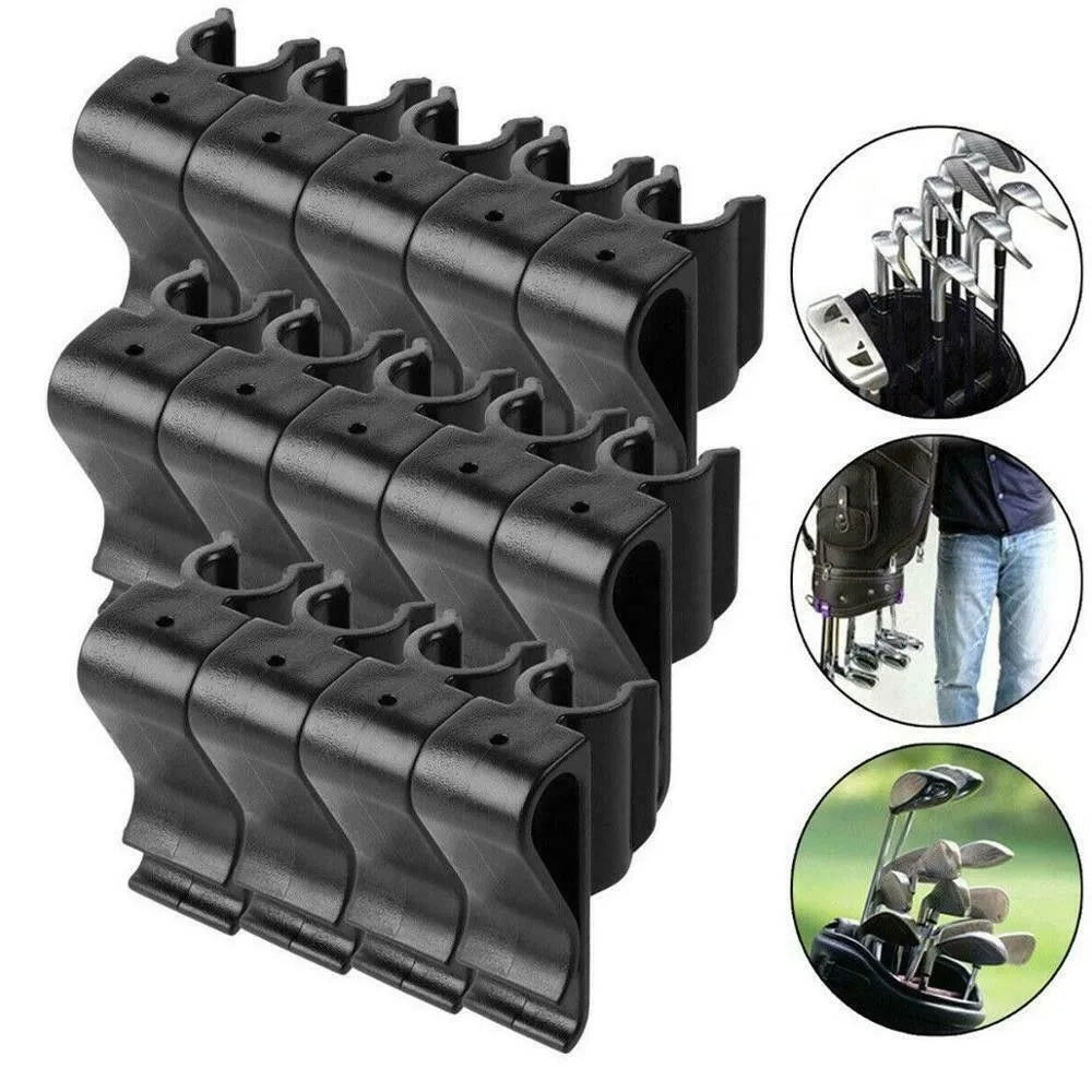 Các kẹp nhựa đen để giữ gậy golf, kèm hình minh họa gậy được giữ trong túi golf.