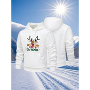 Áo hoodie trắng in hình tuần lộc và chữ "Merry Christmas" trên nền tuyết dưới nắng.