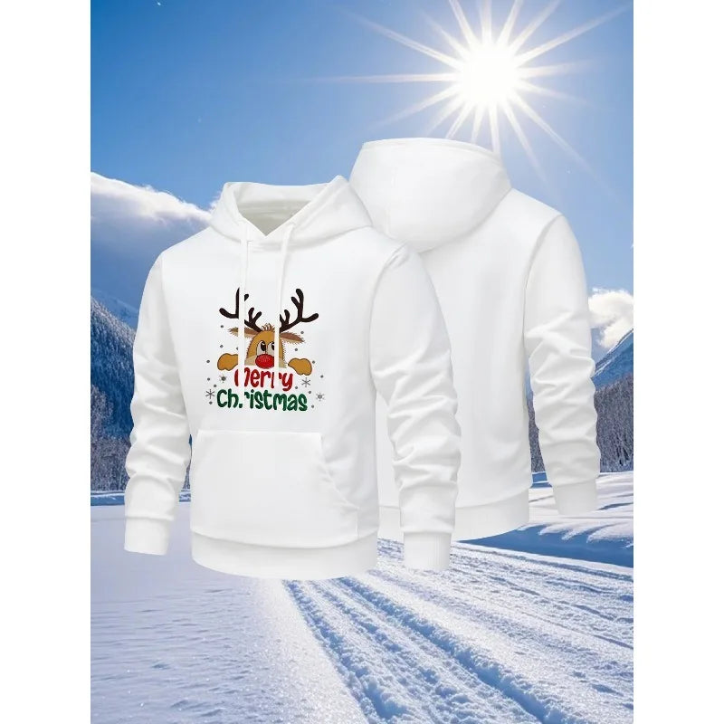 Áo hoodie trắng in hình tuần lộc và chữ "Merry Christmas" trên nền tuyết dưới nắng.