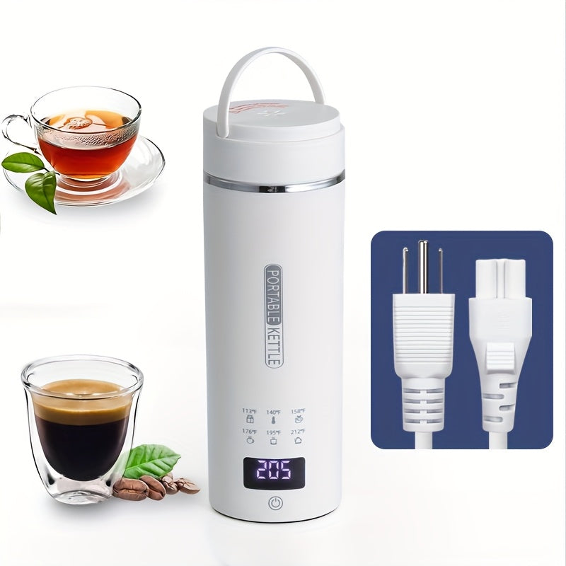 Bình đun di động màu trắng có màn hình LED, tách trà và cà phê, dây cắm điện trắng.