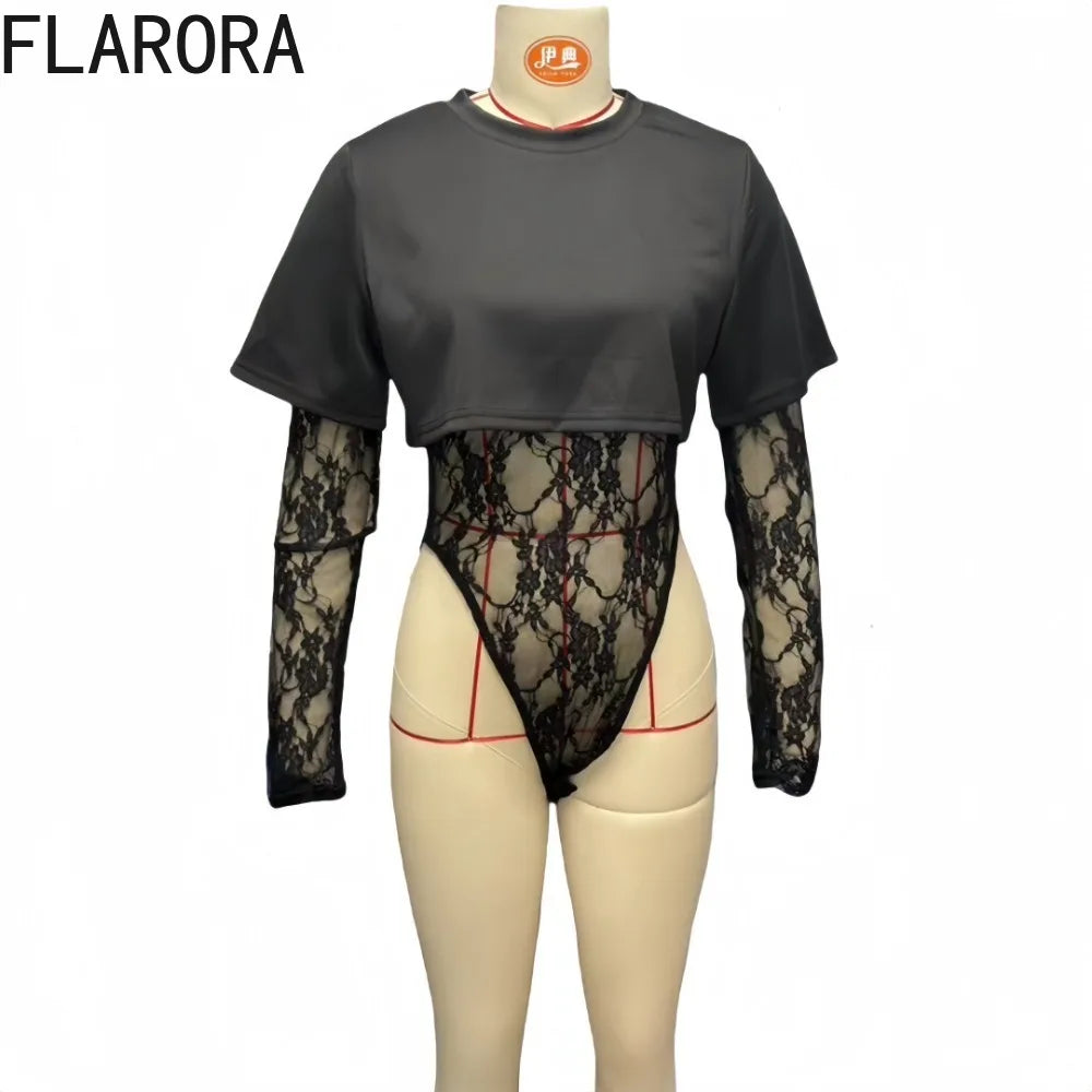 Y2K風格 FLARORA 蕾絲露臍上衣和連身衣套裝