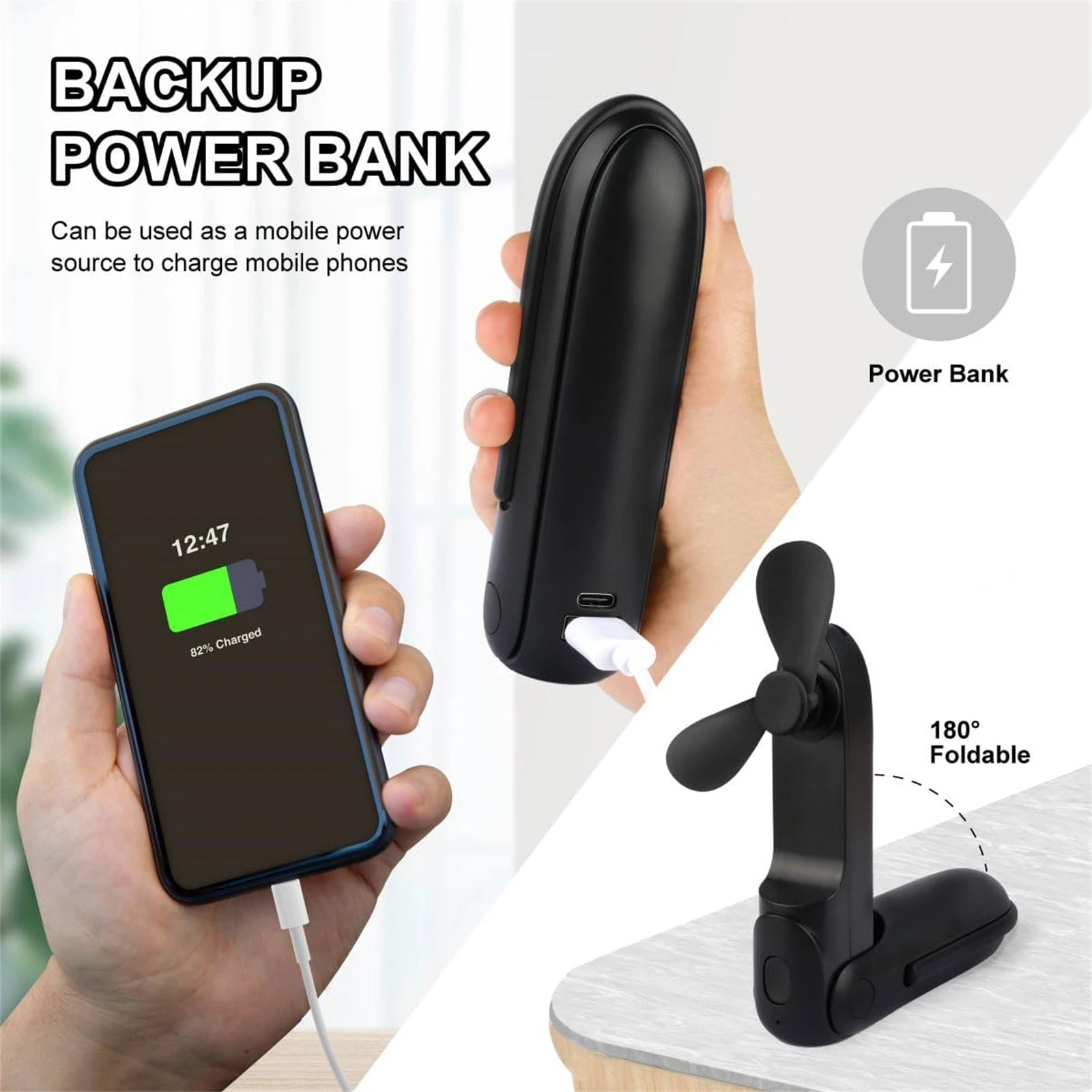 Mini Fan Handheld, 3 Speeds Handheld Fan, 3 in 1 Portable USB Fan with Flashlight Power Bank, for Travel, Home, Women, Makeup - Daisan Mart
