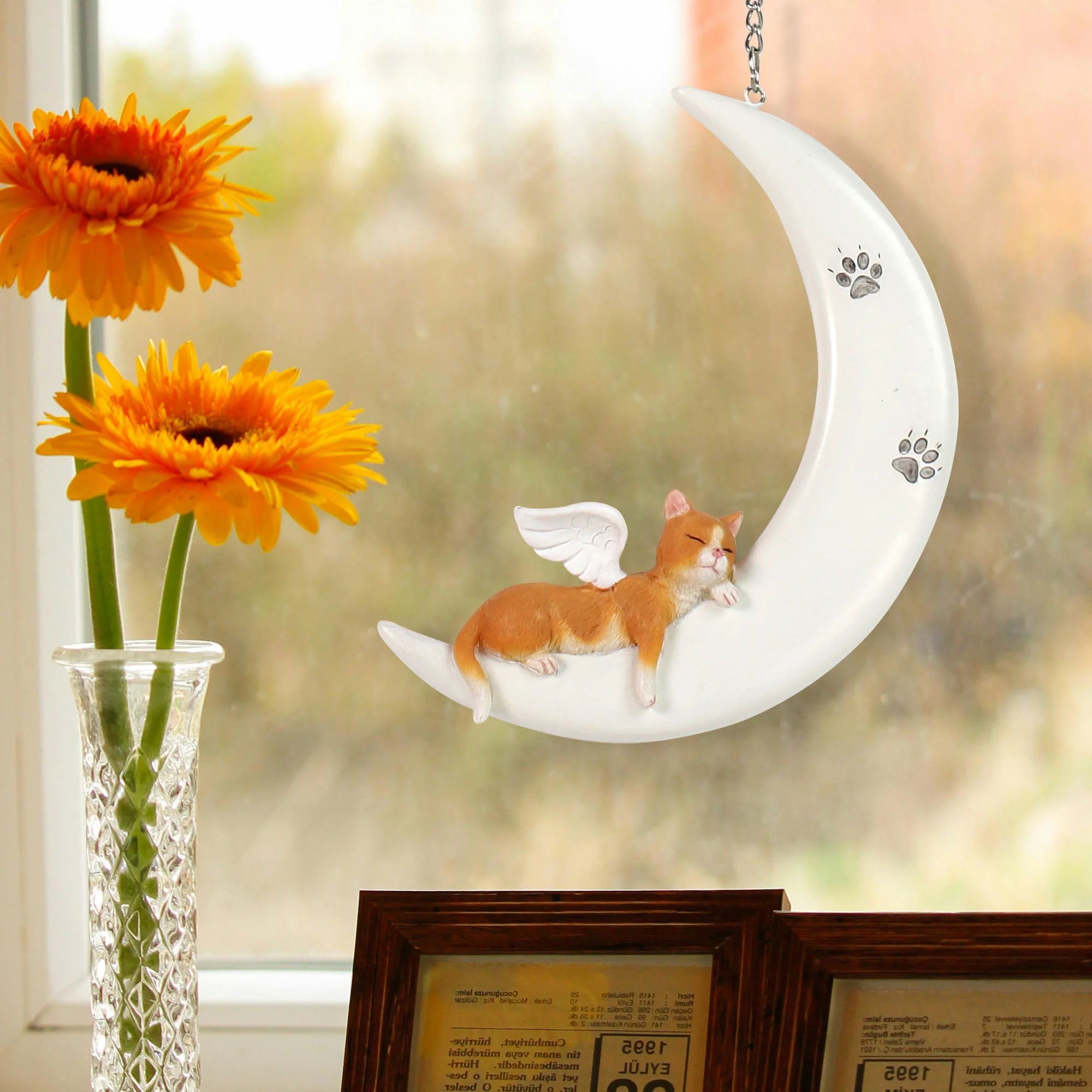 Angel Cat & Crescent Moon Resin Statue Painted Anime Style Hanging Figurine for Home & Garden Decorative Display - Daisan Mart