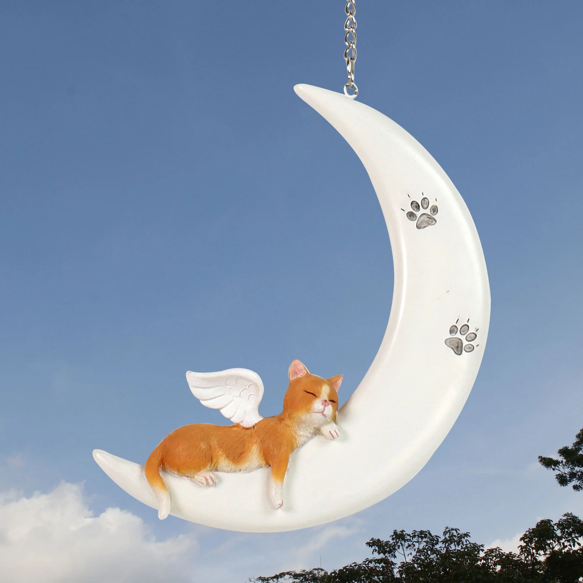 Angel Cat & Crescent Moon Resin Statue Painted Anime Style Hanging Figurine for Home & Garden Decorative Display - Daisan Mart