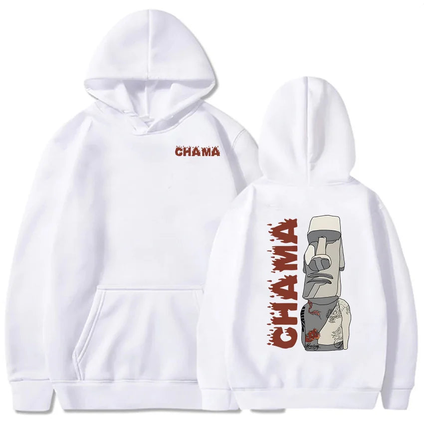 Áo hoodie trắng, chữ "CHAMA" đỏ phía trước, sau in hình tượng Moai và chữ "CHAMA" đỏ.