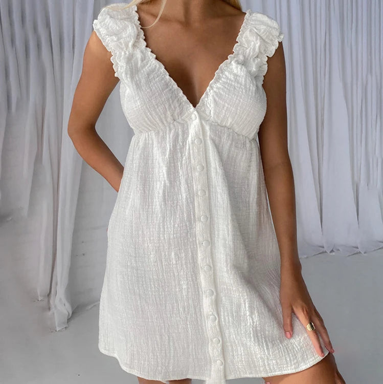 Đầm ngủ trắng cotton dáng ngắn cổ V bèo 2024 - Daisan Mart