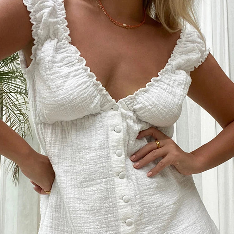 Đầm ngủ trắng cotton dáng ngắn cổ V bèo 2024 - Daisan Mart