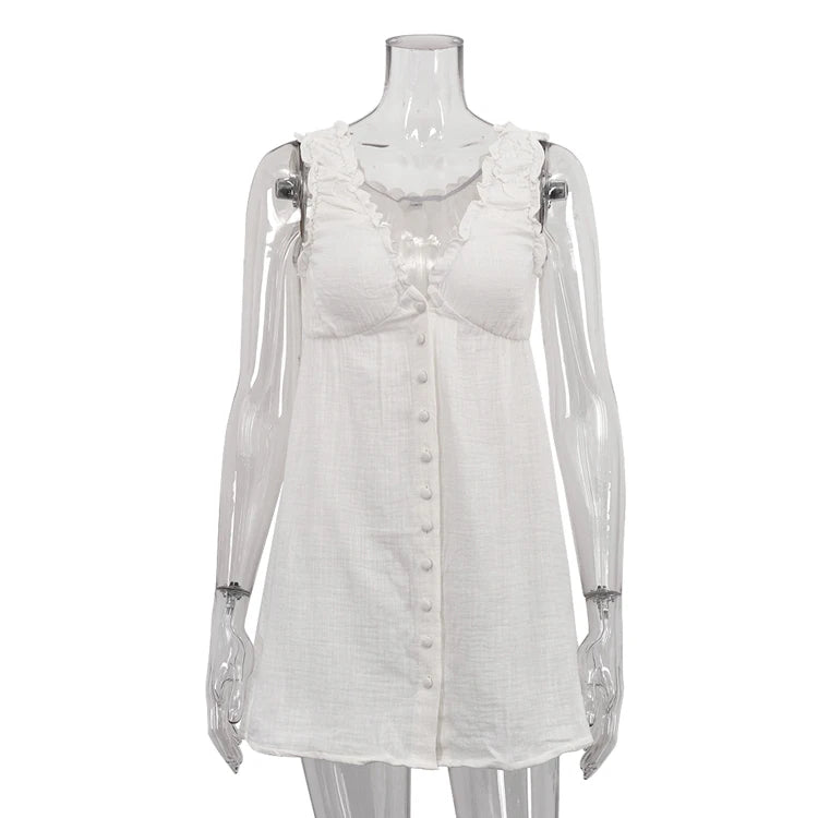 Đầm ngủ trắng cotton dáng ngắn cổ V bèo 2024 - Daisan Mart