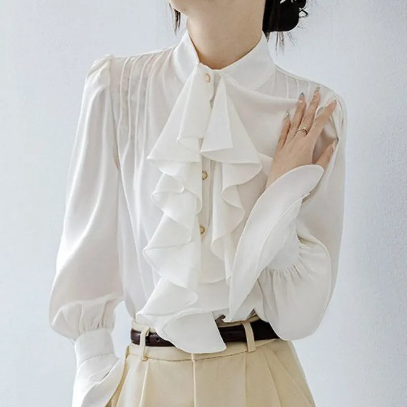 Office Lady Shirts for Women White Elegant Clothing All-match Fashion Korean Style High Street Chic Long Sleeve Spring Autumn - Daisan Mart