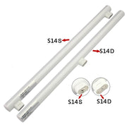 Hai bóng đèn LED trắng, nhãn S14S và S14D, với đầu kết nối khác nhau được chú thích.