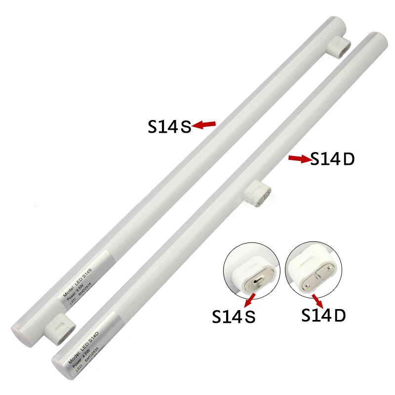 Hai bóng đèn LED trắng, nhãn S14S và S14D, với đầu kết nối khác nhau được chú thích.