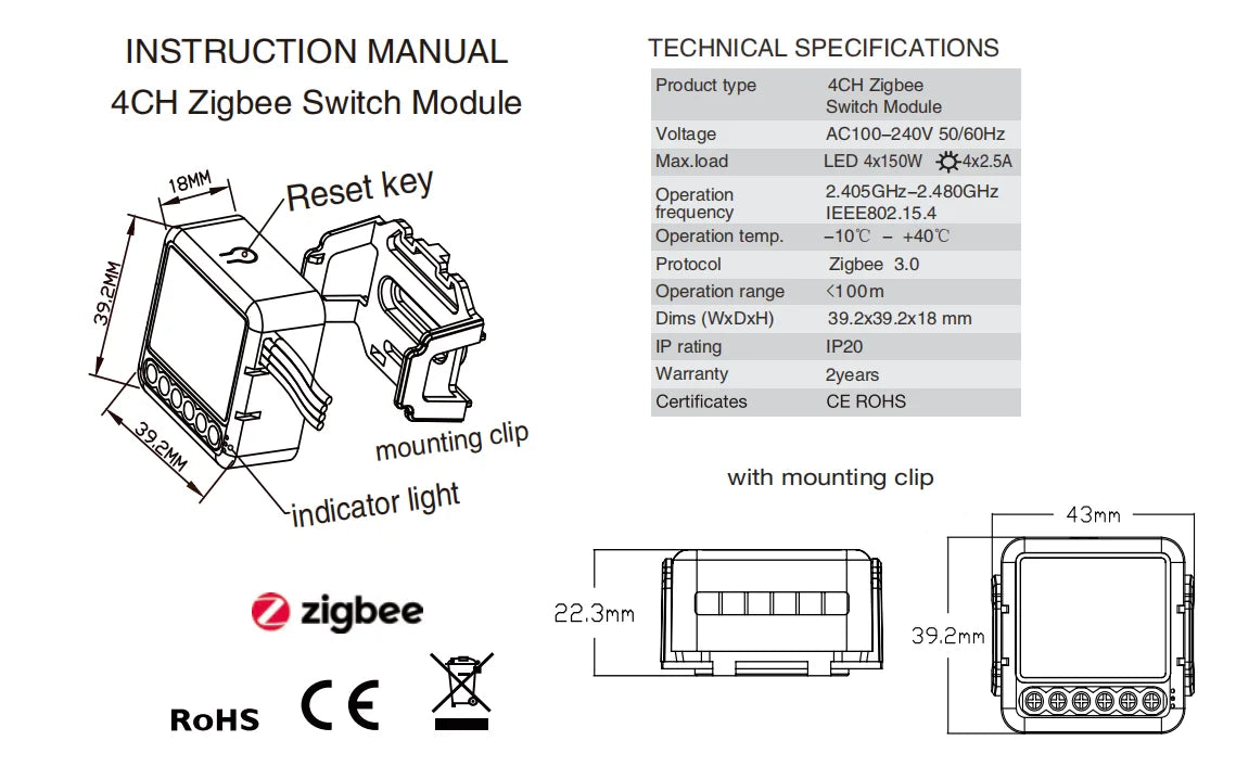 適用於智慧家庭的 Zigbee 四通道智慧開關