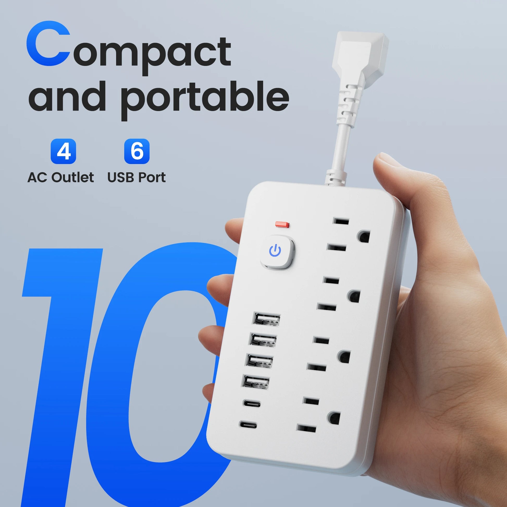 Ổ cắm điện màu trắng với 4 ổ AC và 6 cổng USB, được cầm trên tay, nền xanh nhạt.
