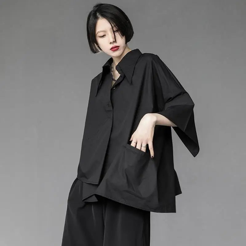 Áo Sơ Mi Nữ 2025: Tay Lỡ, Vạt Bất Đối Xứng, Màu Trơn - Daisan Mart