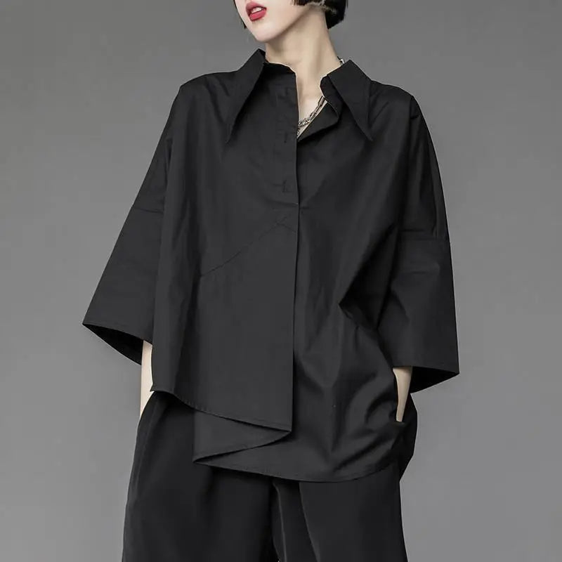 Áo Sơ Mi Nữ 2025: Tay Lỡ, Vạt Bất Đối Xứng, Màu Trơn - Daisan Mart