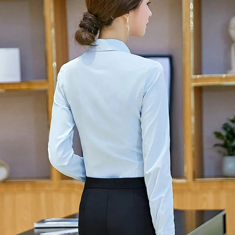 Elegant Women Shirts Woman White Shirt Long Sleeve Blouse Office Lady business Pink Shirts Button Solid Women work Blouses Tops - Daisan Mart