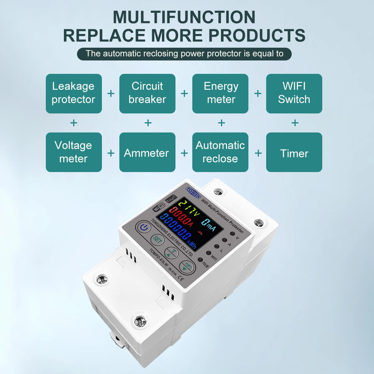 TOMZN 63A WIFI Smart Switch TUYA Energy Meter Kwh Metering Circuit Breaker Timer with voltage current and leakage protection - Daisan Mart
