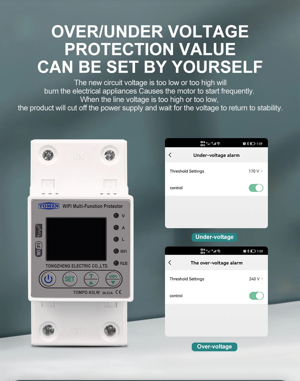 TOMZN 63A WIFI Smart Switch TUYA Energy Meter Kwh Metering Circuit Breaker Timer with voltage current and leakage protection - Daisan Mart