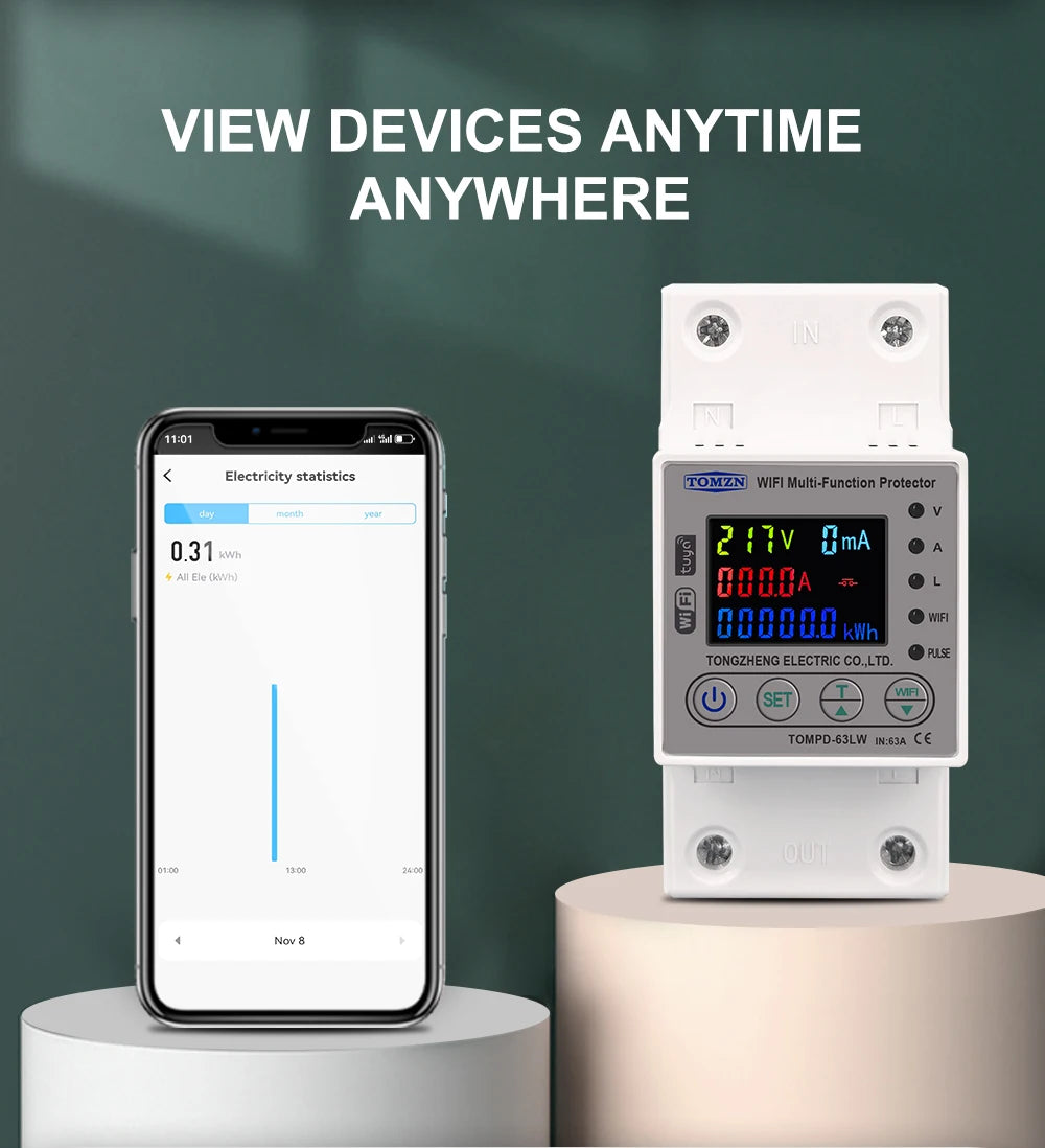 TOMZN 63A WIFI Smart Switch TUYA Energy Meter Kwh Metering Circuit Breaker Timer with voltage current and leakage protection - Daisan Mart