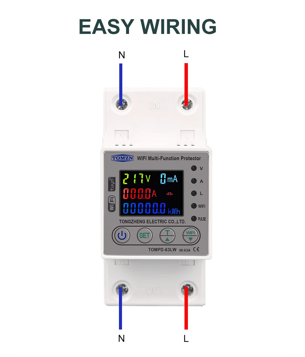 TOMZN 63A WIFI Smart Switch TUYA Energy Meter Kwh Metering Circuit Breaker Timer with voltage current and leakage protection - Daisan Mart