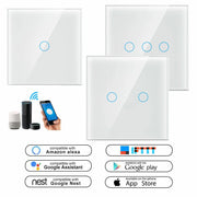 Ba công tắc cảm ứng màu trắng, có vòng tròn xanh, tương thích Amazon Alexa, Google Assistant.