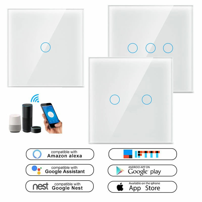 Ba công tắc cảm ứng màu trắng, có vòng tròn xanh, tương thích Amazon Alexa, Google Assistant.